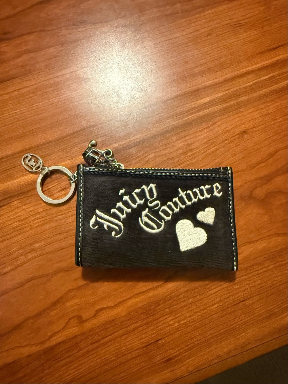 Juicy Couture Black Wallet Key Pouch with White Heart Appliqués